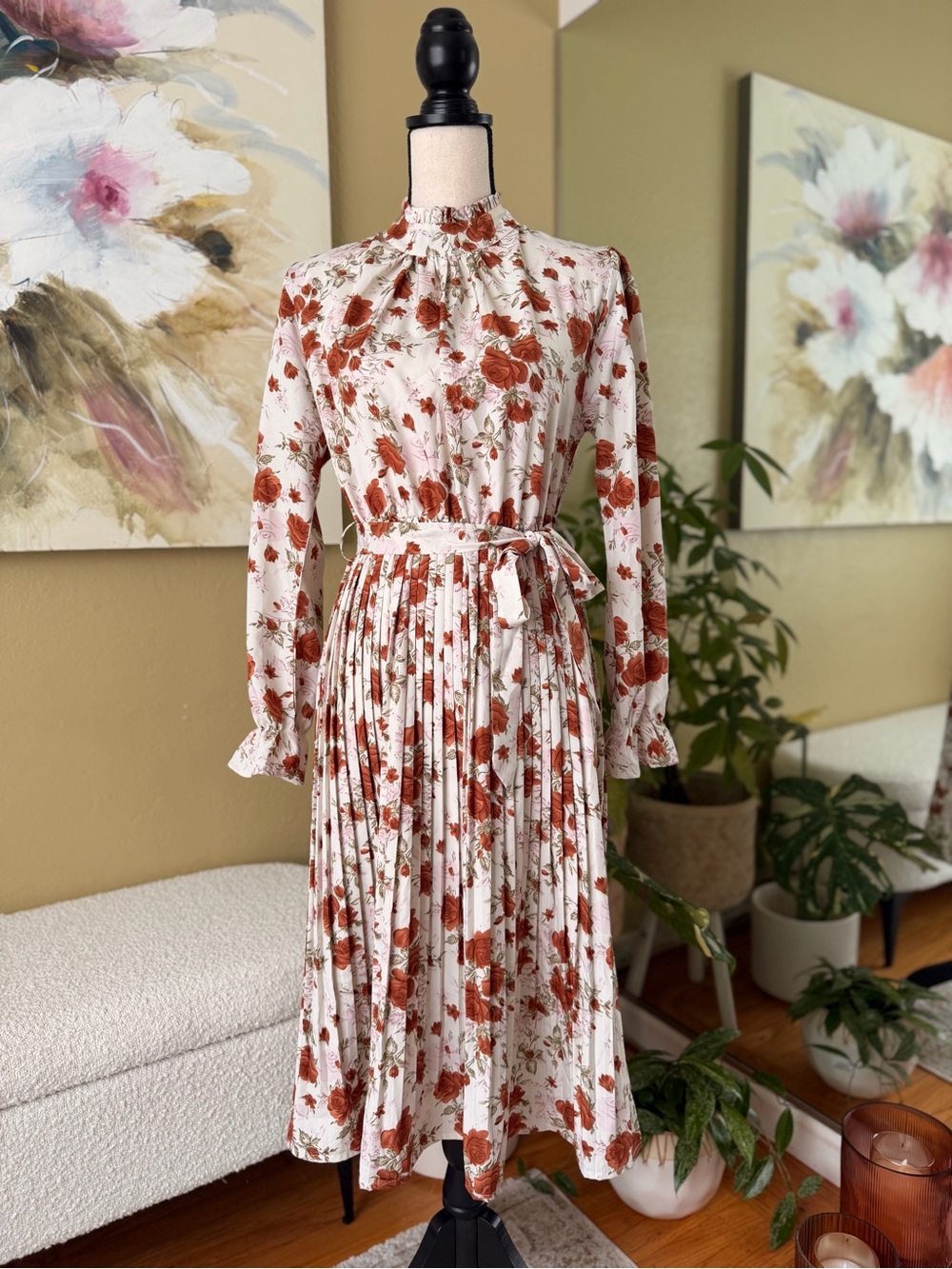 ** NWOT ** ASOS Cream Midi Dress with Rust Rose Floral Print XS